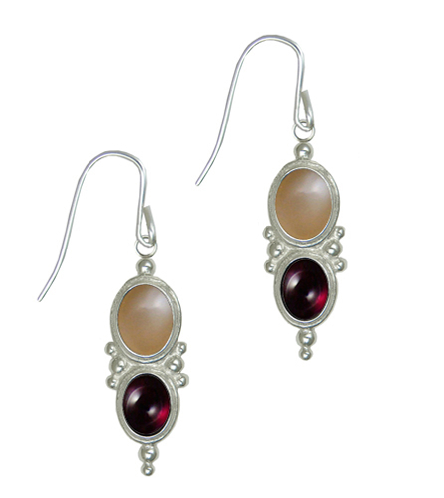 Sterling Silver Drop Dangle Earrings With Peach Moonstone And Garnet